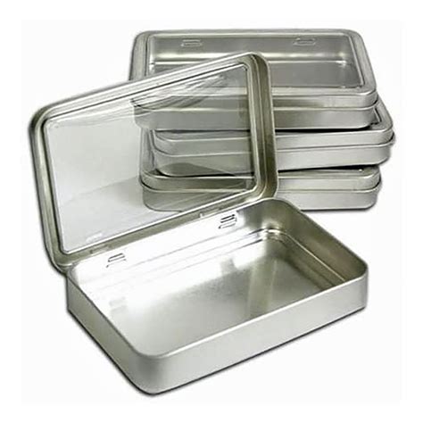 clear metal box|Clear Top Metal Tin Box 7oz Plain Silver Hinged .